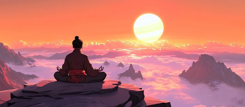 Solitary Meditator on Mountain Peak at Golden Sunset, Pink Cloud Sea Below