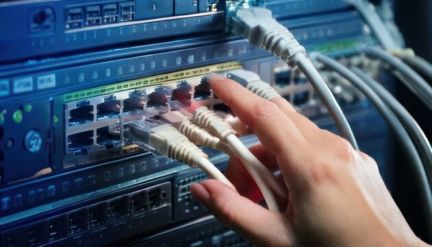 Hand connecting ethernet cables to a network switch.