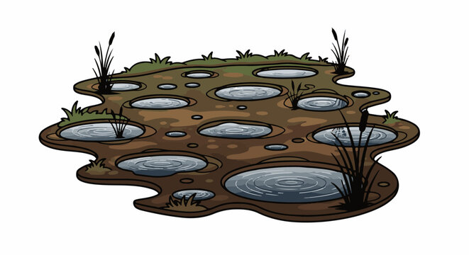 Cartoon swampy area with multiple pools and reeds