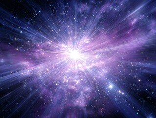 Fototapeta premium Explosion of light in deep space with purple nebula and stars