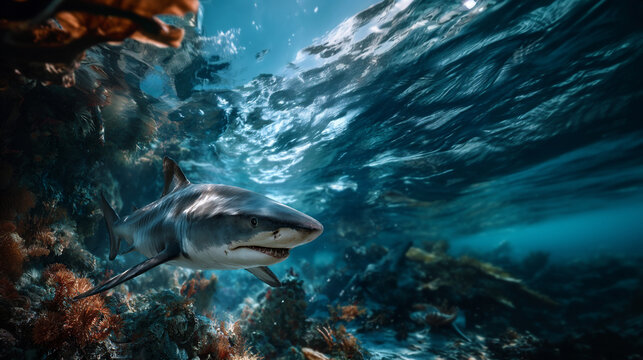 cinematic prehistoric ocean with giant shark in deep bioluminescent abyss, ancient underwater world of leviathan predator in glowing blue sea, surreal jurassic ocean depth with megalodon 