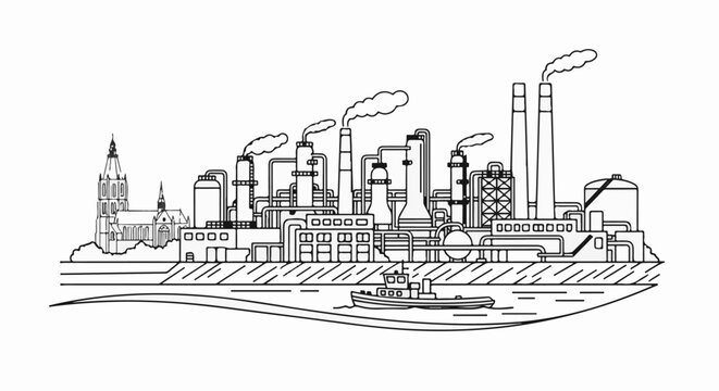 Stylized industrial cityscape with a church and a tugboat on a river