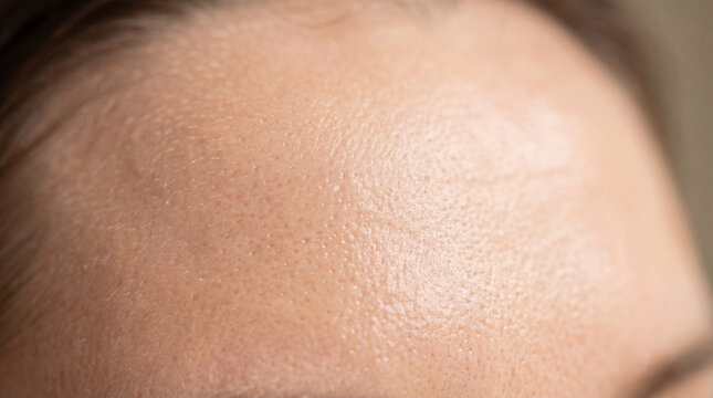 Smooth forehead skin texture with visible pores, natural complexion, and healthy glow, showcasing close up detail of human skin surface and subtle shine under soft lighting