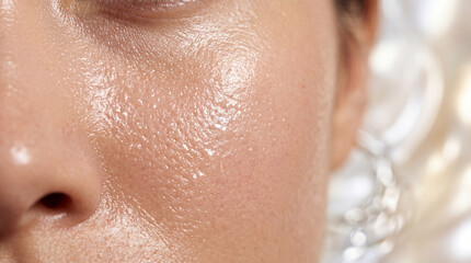 Fototapeta premium Oily skin closeup, showing shiny texture, visible pores, and natural complexion, highlighting skincare concerns and healthy hydration in macro beauty shot