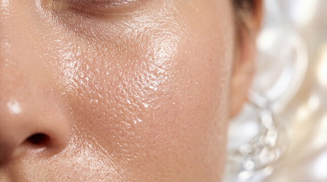 Oily skin closeup, showing shiny texture, visible pores, and natural complexion, highlighting skincare concerns and healthy hydration in macro beauty shot