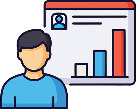 A cartoon man looking at a graph on a computer screen