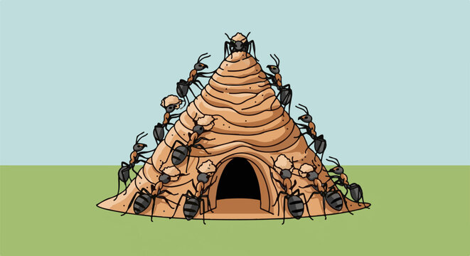 Ants diligently building their nest, a communal effort with many carrying materials