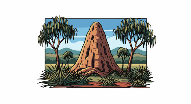 Large termite mound in a savanna landscape with trees and grass