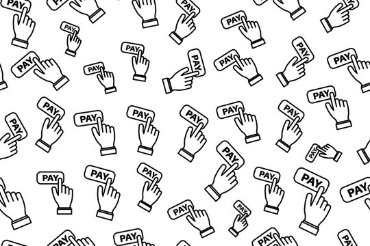 Seamless pay icon pattern vector illustration featuring a hand pressing a PAY button. Modern stroke outline pattern design ideal for business interfaces. Business pattern transparent PNG.