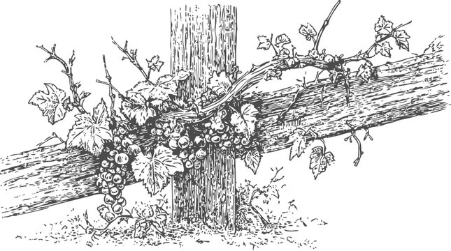 grapevine climbing wooden cross vine with leaves and grape clusters detailed black ink sketch