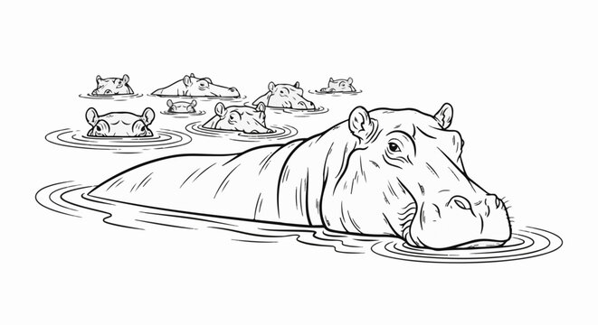 A group of hippos submerged in water, with only their heads visible