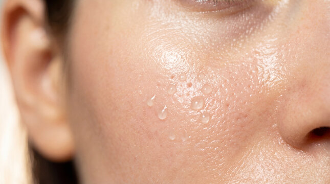 Close up of female face with water droplets on smooth cheek, visible pores, hydrated skin, natural complexion, healthy glow, and clear texture