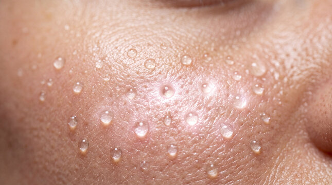 Close up skin texture with visible water droplets, open pores, and natural shine, highlighting hydration and healthy complexion, suitable for skincare and beauty concepts