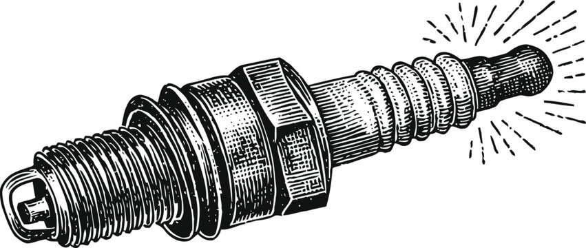 spark plug illustration, detailed black and white technical drawing of automotive engine component