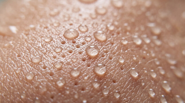 Close up skin texture with water droplets, showing detailed pores and natural moisture, highlighting hydration and freshness in macro view, evoking healthy and refreshed feeling