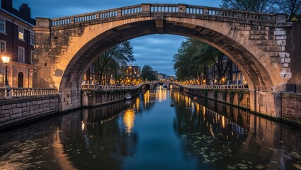 Fototapeta premium Old stone arch bridge over a scenic river canal in a European city at blue hour twilight