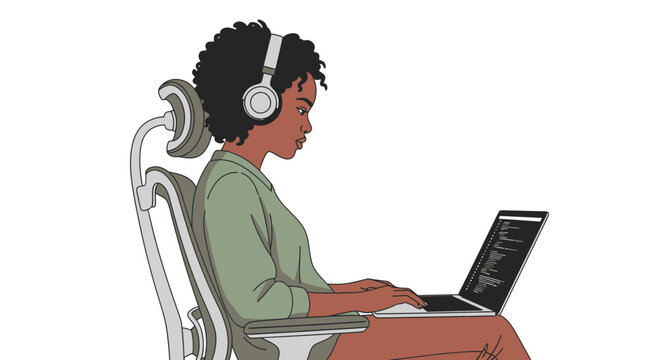 African Woman Coding on Laptop with Headphones, Thoughtful and Serene Ergonomic Setup