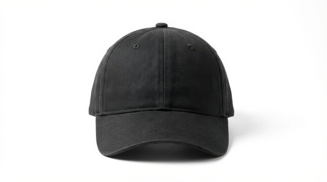 Classic black cotton baseball cap front view isolated on white background with soft shadow.