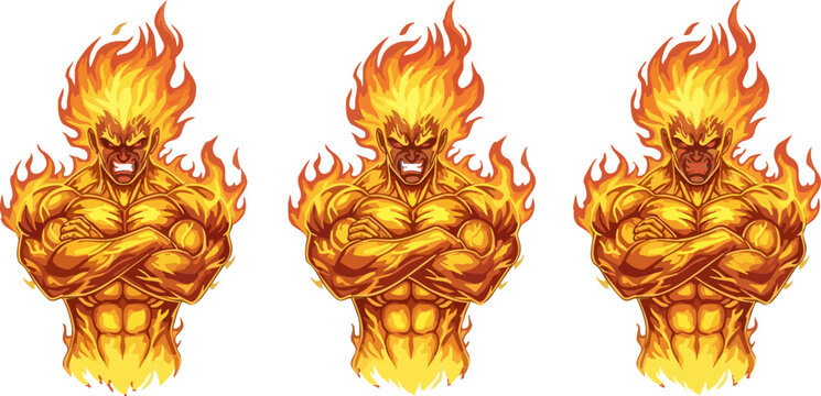 Fiery muscular demon character vector set, angry fire elemental man with crossed arms, burning flame spirit mascot collection for gaming and sports