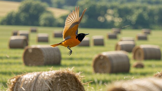 Baltimore oriole bird flying over a harvested agriculture field with hay bales on summer day