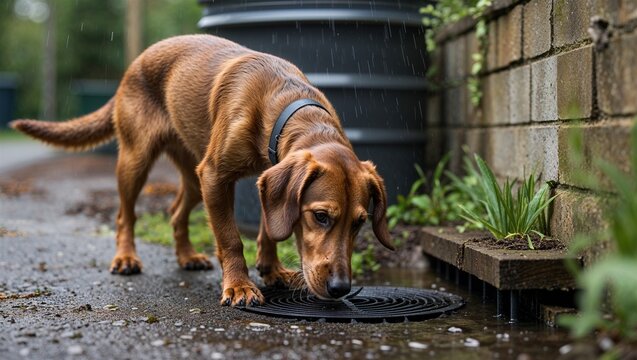 Brown dog with collar drinking water from a drain grate on a rainy day outdoors