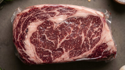 Obraz premium Raw marbled beef steak vacuum sealed top view premium meat texture