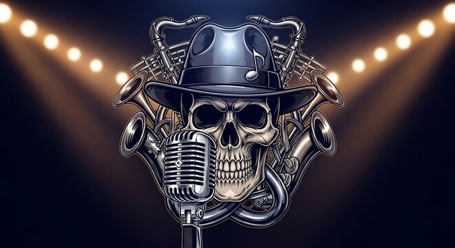 Enigmatic Skull Crooner Under Spotlight: A Digital Masterpiece of Jazz Noir and Intense Lighting