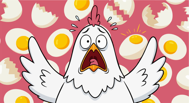 Funny cartoon chicken screaming in panic, stressed white hen character with shocked expression, frantic poultry bird surrounded by eggs