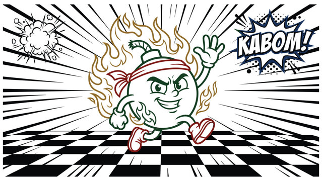 Fiery cartoon bomb character running on a checkered floor with an explosion and text.