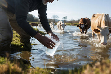 Obraz premium A farmer is offering water to cows crossing a stream. It’s a rural farm scene with cattle and greenery.