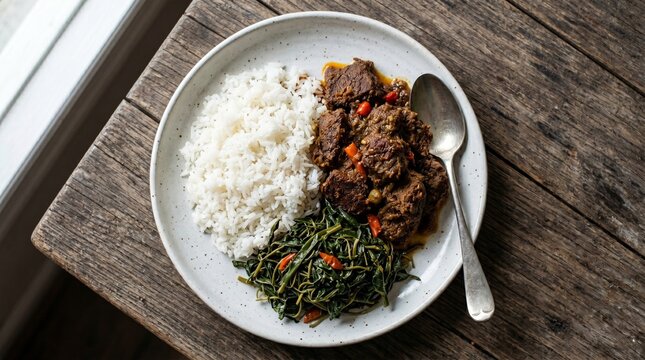 High angle view of traditional beef rendang accompanied by fluffy white rice and savory braised cassava leaves known as daun ubi on a rustic wooden table background.
