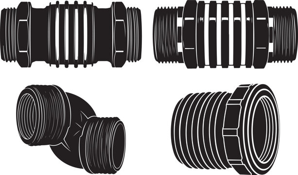 A detailed black silhouette of a pipe fitting showcasing its ribbed and threaded structure silhouette high quality professional.Pipe fitting showcasing its ribbed and threaded vector illutration.