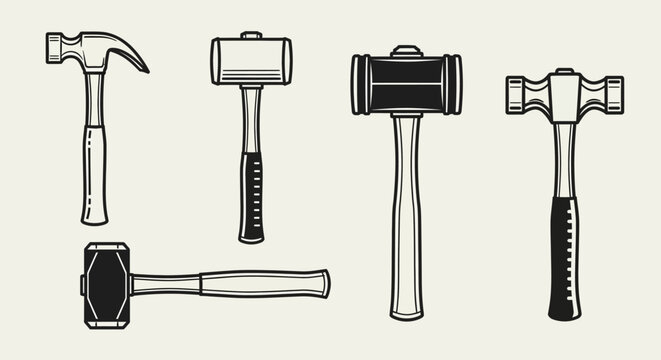 Collection of Hammers Tools Black and White Icons