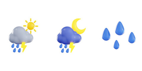 Obraz premium 3D render of weather icons featuring day and night thunderstorms with raindrops