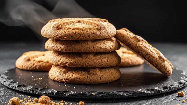 Stack of fresh warm cookies on a dark slate board with steam