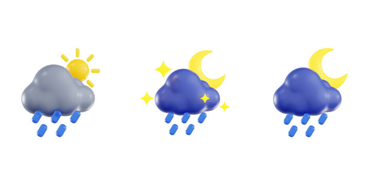 3D render of weather icons featuring sun showers and rainy night clouds with moon