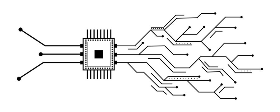 Electronic microchip component with neural network circuit lines on white background. Digital technology illustration showing processor unit with spreading connection paths, computer hardware design.