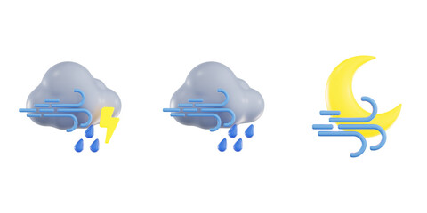 Obraz premium 3D render of weather forecast icons featuring severe windy storms, heavy rain, and windy night