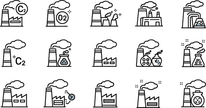 Industrial factory icons with smoke stacks.