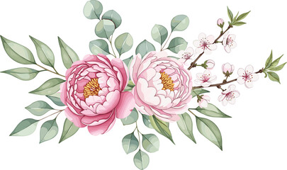 Beautiful floral bouquet with pink peony flowers eucalyptus leaves and cherry blossoms in watercolor vector style isolated on white background for elegant spring wedding design © Mahsina