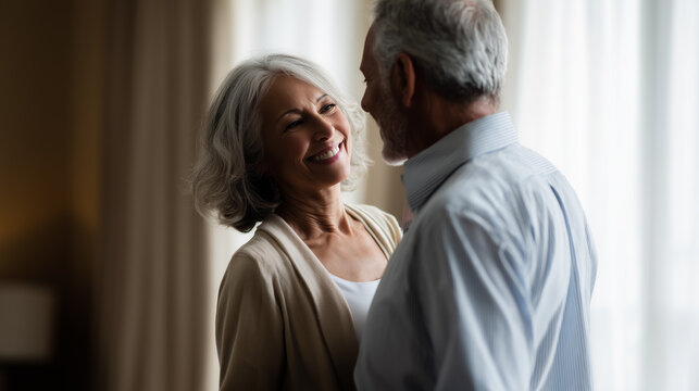 Senior couple sharing affectionate moment at home expressing love emotional connection and happy relationship in later life. 