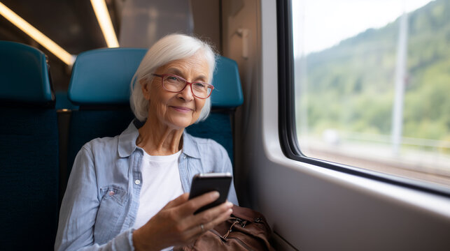 Senior woman using smartphone on train enjoying travel in later life with modern technology connection and comfortable public transport journey. 