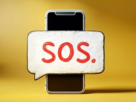 SOS message on smartphone screen with speech bubble on yellow background