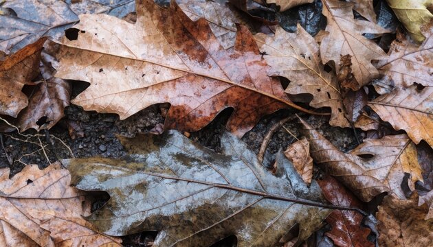 Autumn leaves piled on a forest floor with soft lighting