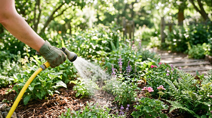 Fototapeta premium Person watering flowers in a lush garden