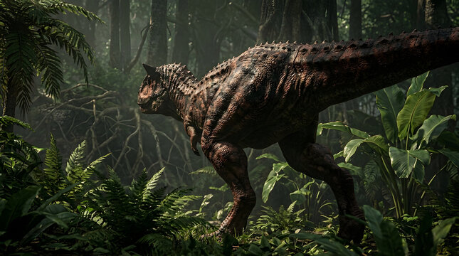 Carnotaurus dinosaur in dense forest environment