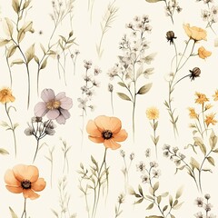 Naklejka premium Watercollor wildflowers seamless pattern, vintage flowers in neutral colors on light beige background.
