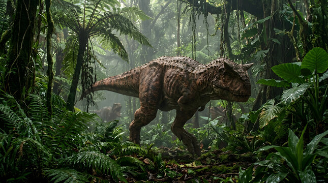 Carnotaurus dinosaur in dense tropical rainforest