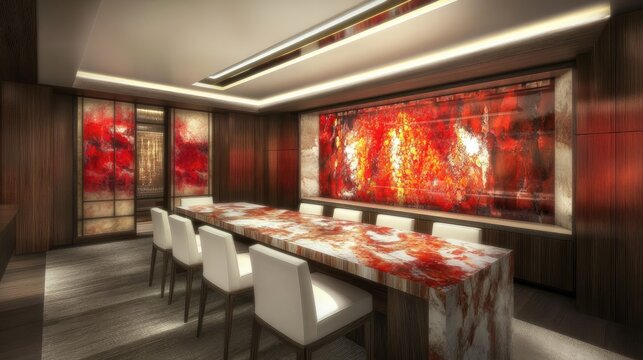 Sleek Modern Dining Room with Vibrant Red Abstract Art and Unique Marble Table