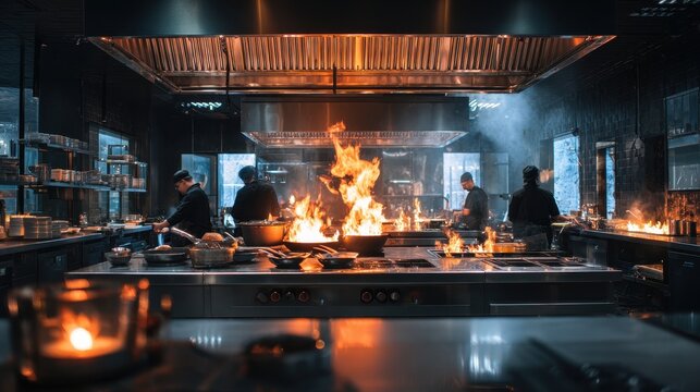Fiery Restaurant Kitchen Chefs Cook Amidst Flames and Steam.